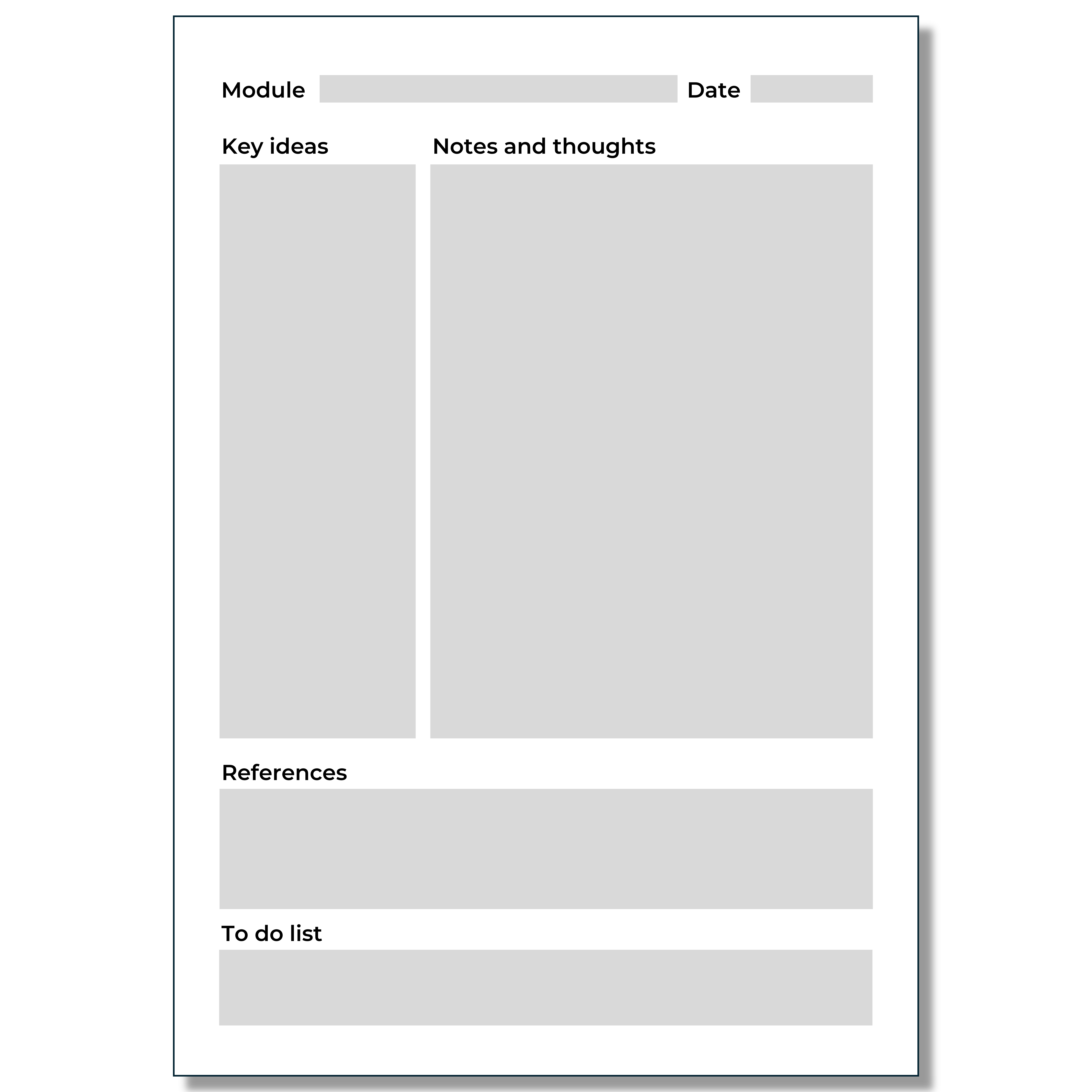 Blank Cornell notes template with empty fields for module and date at the top, two columns headed Key ideas and Notes and thoughts, and two further sections below headed References and To do list.