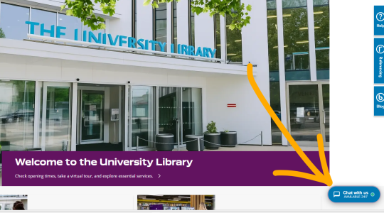 Library homepage screenshot, taken 2 June 2026, showing the new "chat with a librarian" button
