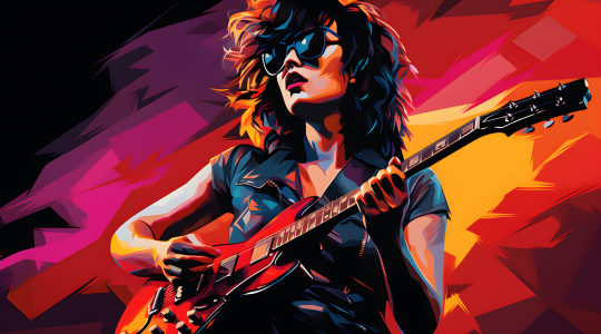 AI-generated illustration of a female rock star playing an electric guitar 