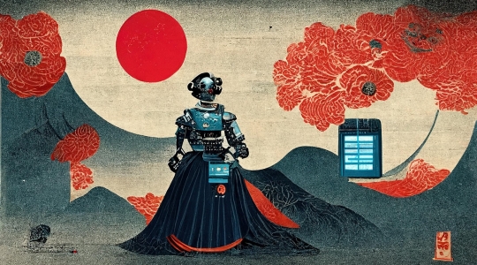 "Geisha robot" - robot in a dress set against a traditional printed Japanese landscape