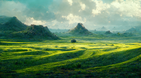 AI-generated landscape.  Public domain image from Wikimedia Commons - https://commons.wikimedia.org/wiki/File:LandscapeByDesignermadsen-dfbuq3c.png