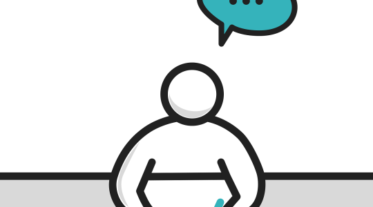 Drawing of a figure sat writing with a speech bubble above his head - from Pixabay, https://pixabay.com/vectors/desk-writing-letter-study-student-8327864/