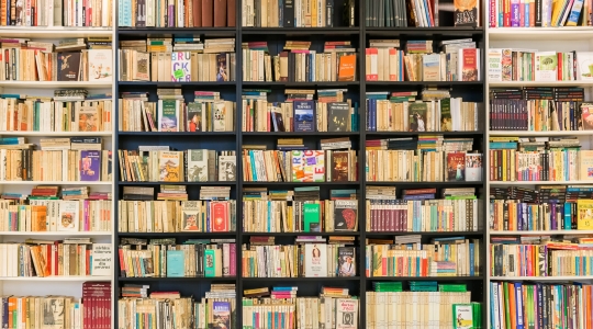 A bookshelf filled with books.