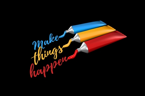 Image of three tubes of paint in primary colours (red, yellow, blue) squeezed out to write "make things happen", from PIxabay -  https://pixabay.com/illustrations/colour-positive-tube-things-allow-5107270/