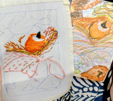 Embroidery of a flower from an original colour handdrawn design