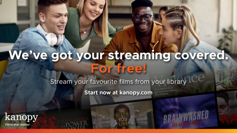 Stream your favourite films from your library with Kanopy.  Photo of young people watching a laptop screen