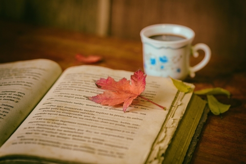 Coffee and a good book bestrewn with Autumnal leaves