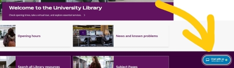 Library homepage screenshot, taken 2 June 2026, cropped and annotated to show the new chat button
