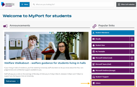 Annotated screenshot of the MyPort homepage showing the new Library quick link highlighted