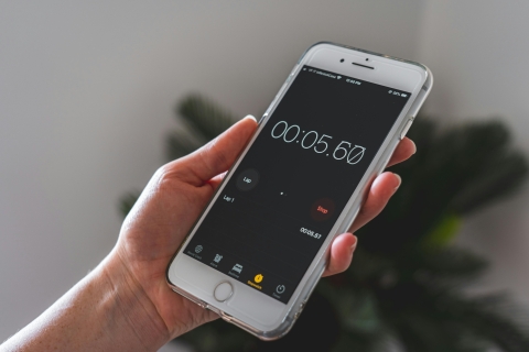 Countdown timer on mobile phone.  From Pexels - https://www.pexels.com/photo/person-holding-silver-iphone-6-4114789/