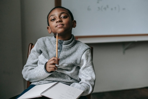 Thoughtful schoolboy.  From Pexels - https://www.pexels.com/photo/thoughtful-little-schoolboy-sitting-on-chair-and-looking-at-camera-5905966/