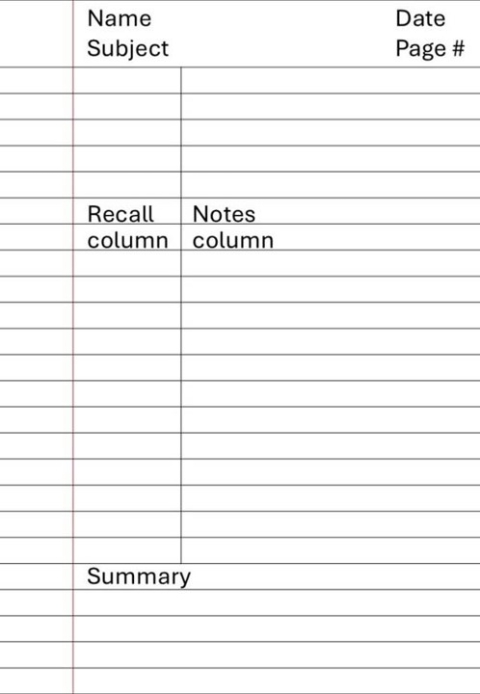 Lined page divided into columns labelled Recall column and Notes column