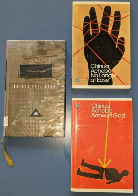Covers of several of Achebe's books from the Library