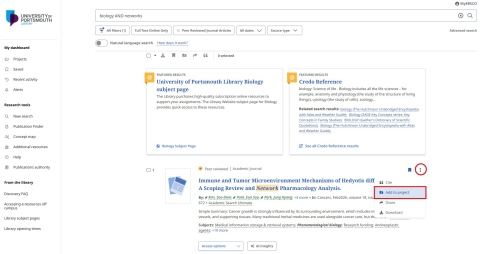 Screenshot of the EBSCO Discovery Service showing how to save articles to project folders