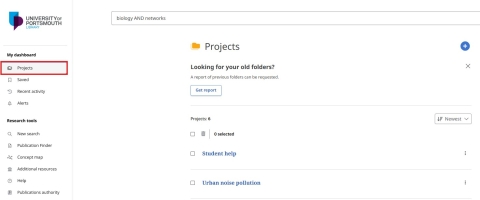 Screenshot of the EBSCO Discovery Service showing how to find project folders full of saved articles