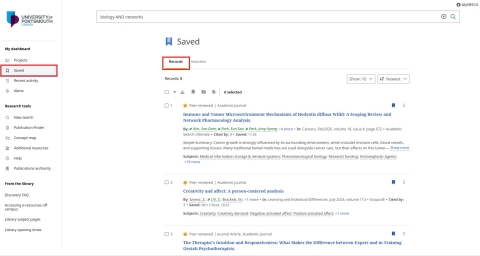 Screenshot of the EBSCO Discovery Service showing how to find the list of saved articles not in project folders