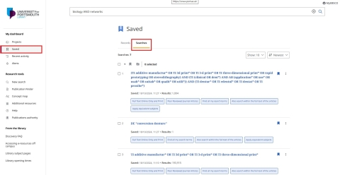 Screenshot from the EBSCO Discovery Service showing where to find saved searches