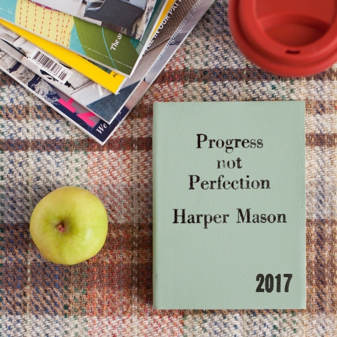 Motivational journal.  Cover reads: progress not perfection - Harper Mason