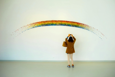 Woman photographing a sequin rainbow art installation - from Pexels, https://www.pexels.com/photo/woman-wearing-brown-top-and-beige-leggings-taking-picture-rainbow-painted-wall-673649/