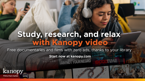 Students relaxing watching a screen.  Caption reads: Study, research and relax with Kanopy video