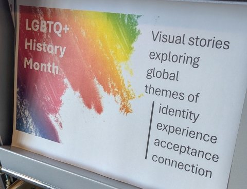 Sign striped with rainbow coloured pastels reading "LGBTQ+ History Month - visual stories exploring global themes of identity, experience, acceptance and connection"