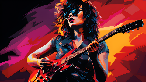 AI generated image of a generic female rockstar wearing sunglasses and carrying a guitar against a colourful sky - from Pixabay, https://pixabay.com/illustrations/ai-generated-guitarist-musician-8185942/