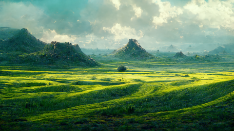 AI-generated landscape.  Public domain image from Wikimedia Commons - https://commons.wikimedia.org/wiki/File:LandscapeByDesignermadsen-dfbuq3c.png