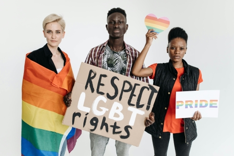 Group of young people holding rainbow flags and hearts and a placard reading "Respect LGBT rights" - from Pexels, https://www.pexels.com/photo/a-group-of-people-holding-placards-8553409/