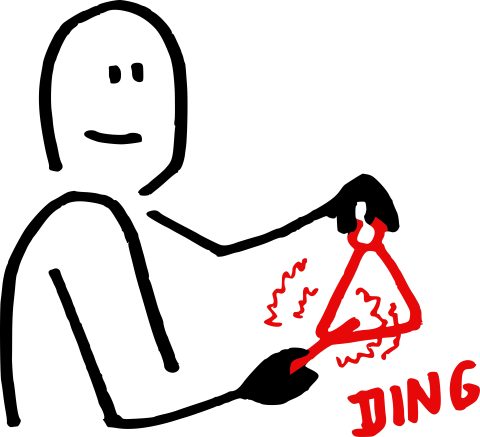 Line drawing illustration of a man sounding a triangle