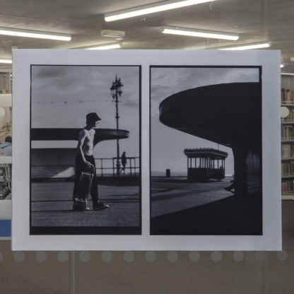 Photos of Southsea esplanade showing a young man with skateboard and the converted bus shelters