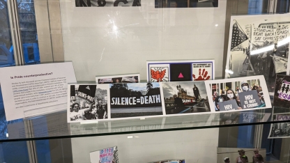 Posters and photographs of LGBTQ+ protest marches, including the classic "silence=death" banners