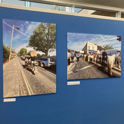 Photographs of a horse-drawn gypsy cart and of people standing with horses at the 2025 Wickham Horse Fair