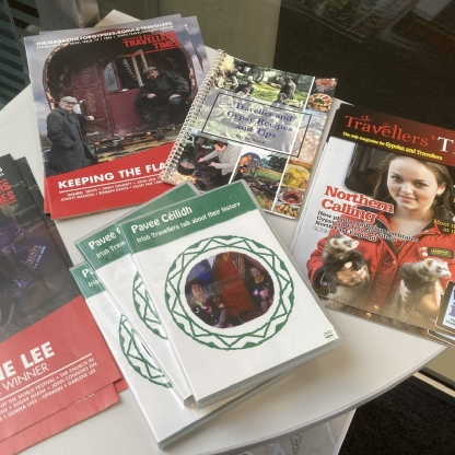 Traveller Times magazines, a Traveller and Gypsy recipe book, and DVDs about Irish Travellers talking about their history