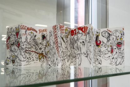 A leporello depicting cartoon animals fighting