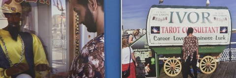 LGBT Roma man juxtaposed with traditional Roma caravan and storytelling kiosk