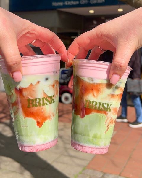 Two pink macha coffees