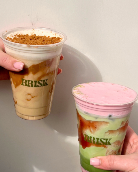 Two MADE BRISK macha coffees in branded clear plastic cups