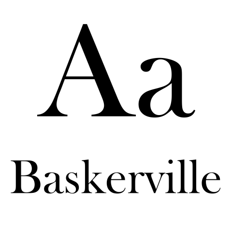 The letters "Aa" and the word "Baskerville" in an elegant font. Small hooks and feet sit at the ends of the letters.