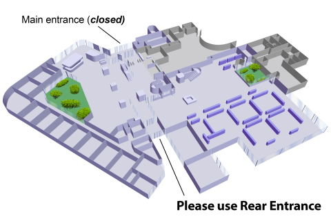 Map showing the location of the rear entrance to the Library.