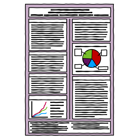 A hand-drawn illustration of an academic poster divided into two columns. Every section is packed densely with lines representing text, leaving almost no white space. Two small data visualisations — a pie chart and a line graph — are visible but surrounded by dense text. The overall impression is of a cluttered, difficult-to-read layout.