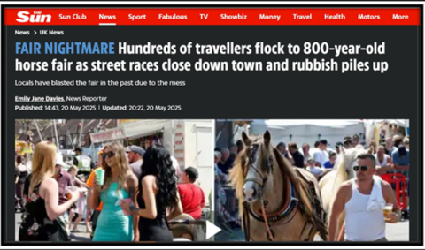 Negative headline about the horse fair appearing in The Sun newspaper