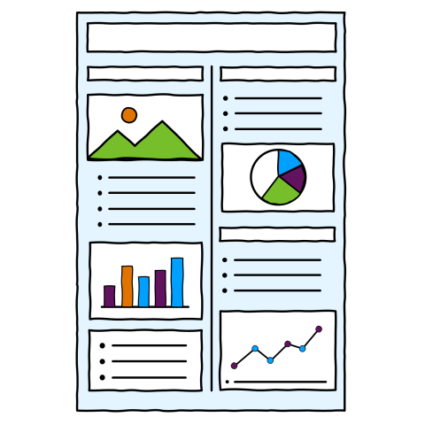 Illustrated example of a portrait-format academic poster with a two-column layout, showing a title bar at the top and content blocks below including an image, bullet-point text, a bar chart, a pie chart, and a line graph.