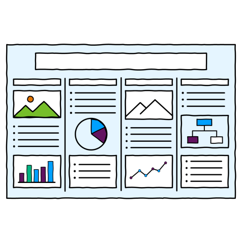 Illustrated example of a landscape-format academic poster with a four-column layout, showing a title bar at the top and content blocks below including images, bullet-point text, a pie chart, a bar chart, a line graph, and an organisational diagram.