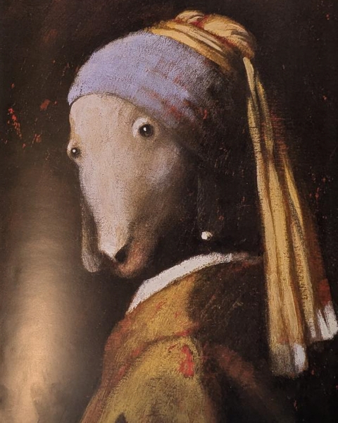 The sheep (portait painting of an anthropomorphised sheep, based on 'Girl with a pearl earring')