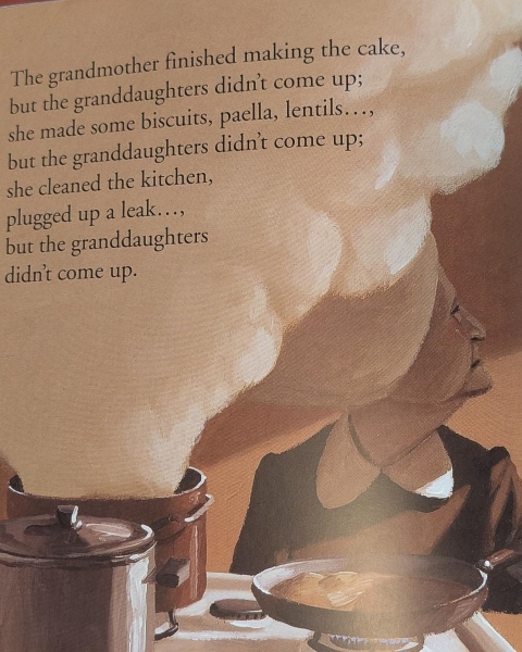 Illustration of an old lady cooking industriously in a warm kitchen with orange-brown walls