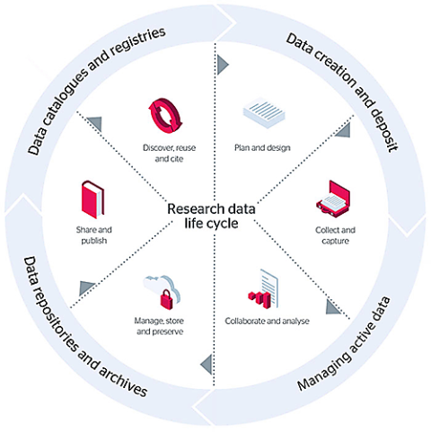 Resaerch data life cycle - Data creation and deposit: plan and design, collect and capture; Managin active data: collaborate and analyse; Data repositories and archived: manage, more and preserve, share and publish; Data catalogues and registries: discover, reuse and cite