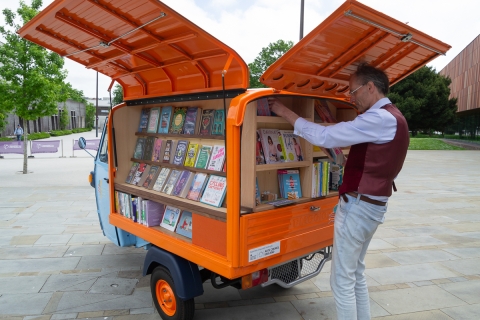 Public library tuk-tuk book van open on two sides