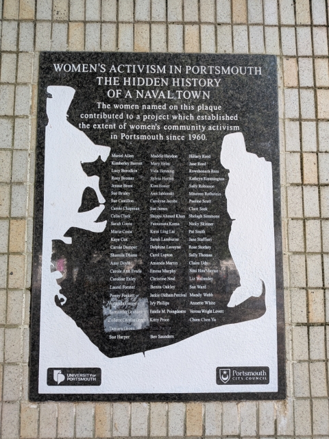 Photograph of a plaque celebrating the hidden history of women activists in Portsmouth