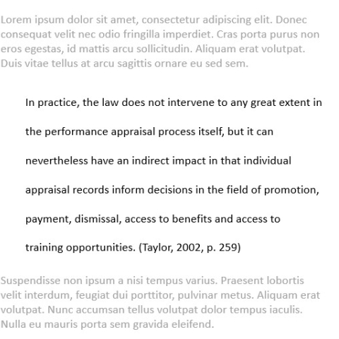 Image showing an example of a long quotation formatted as block text and indented, with a citation at the end. 